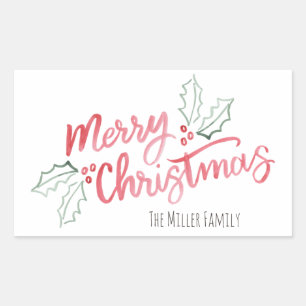 Stylish Slant Watercolor Merry Christmas Rectangular Sticker