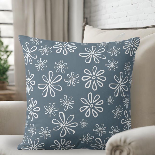Stylish Slate Blue and White Floral Cushion (Creator Uploaded)