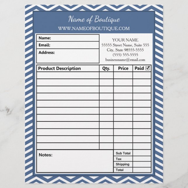 Stylish Slate Blue Chevron Beauty Salon Order Form Customised Letterhead (Front)