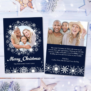 Stylish Snowflakes Navy 2 Photo Family Christmas Holiday Card