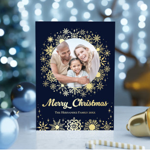 Stylish Snowflakes Navy Photo Family Christmas