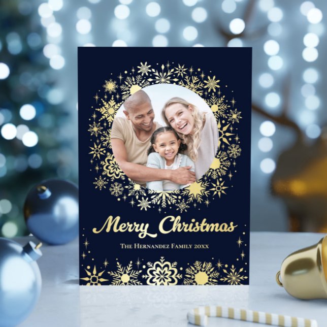 Stylish Snowflakes Navy Photo Family Christmas (Stylish Snowflakes Navy Photo Family Christmas Foil Holiday Card)