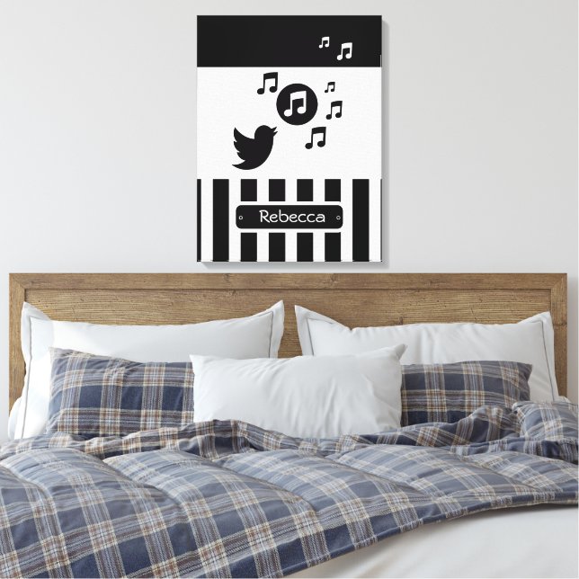Stylish Songbird Black White Personalised Stripes Canvas Print (Insitu(Bedroom))