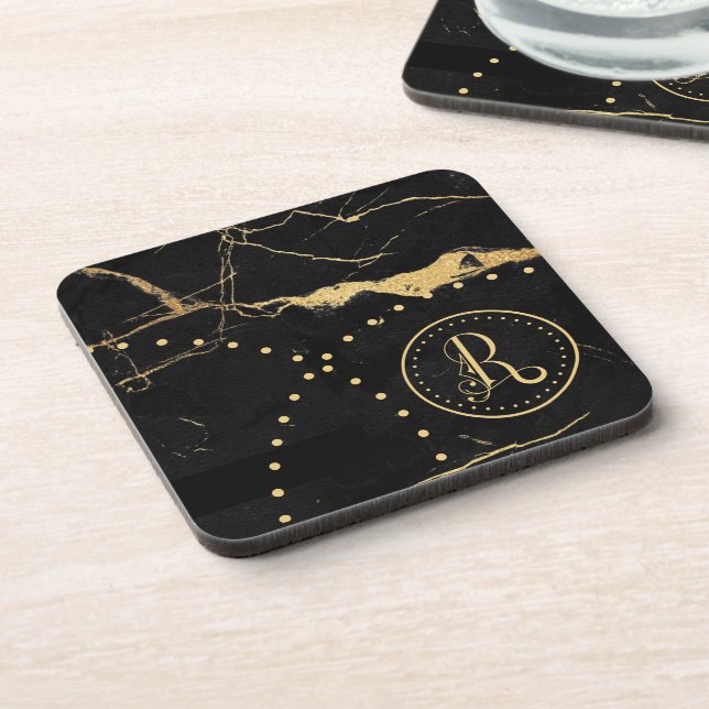 Stylish Sophisticated Black & Gold, Decorative R,  Coaster (Left Side)