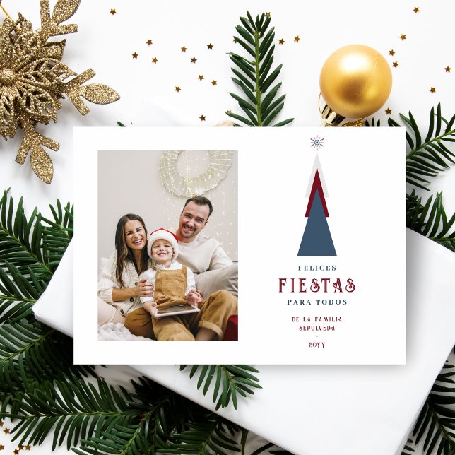 Stylish Spanish Colorful Christmas Tree Photo  Holiday Card (Spanish Modern and Colorful Christmas Card with Christmas Tree Photo,)
