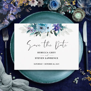 Stylish spring dusty blue purple floral wedding save the date