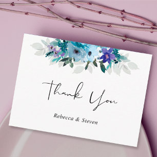 Stylish spring dusty blue purple floral wedding  thank you card