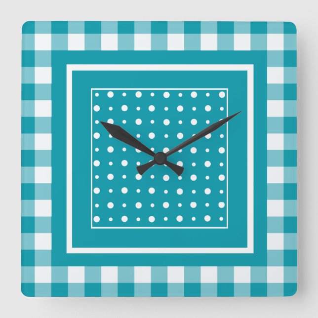 Stylish Square Wall Clock, Teal Check Gingham Square Wall Clock (Front)