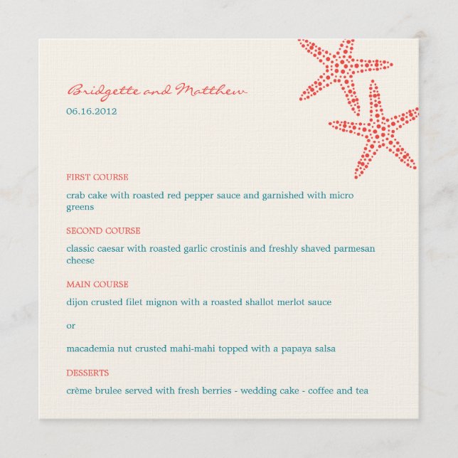 Stylish Starfish Wedding Menu Cards (Front)