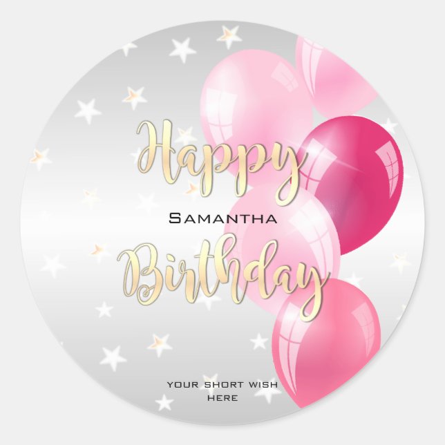 Stylish Starry Happy Birthday and Pink Balloons Classic Round Sticker (Front)