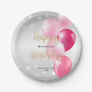 Stylish Starry Happy Birthday and Pink Balloons Paper Plate