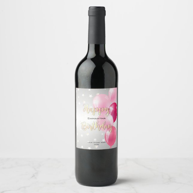 Stylish Starry Happy Birthday and Pink Balloons Wine Label (Front)
