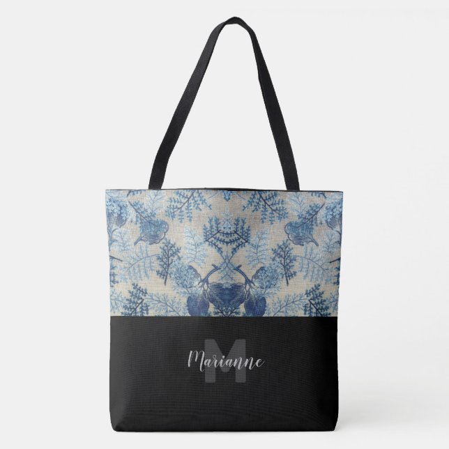 Stylish Stitched Floral Monogrammed Tote Bag (Front)