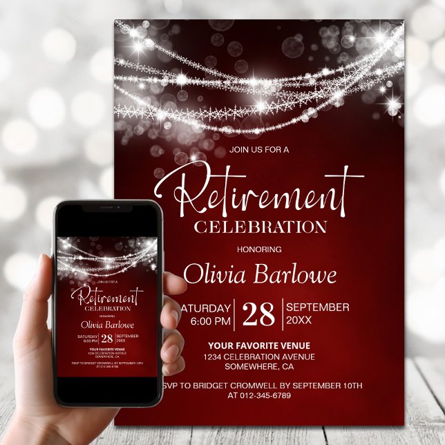 Stylish String Lights Red Retirement Party Invitation (Creator Uploaded)