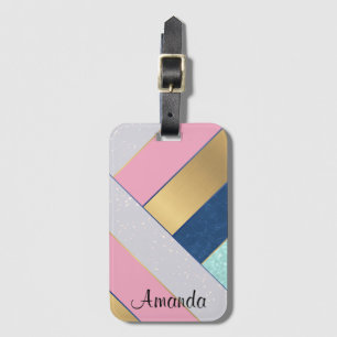 Stylish striped colourful personalised gold pink luggage tag