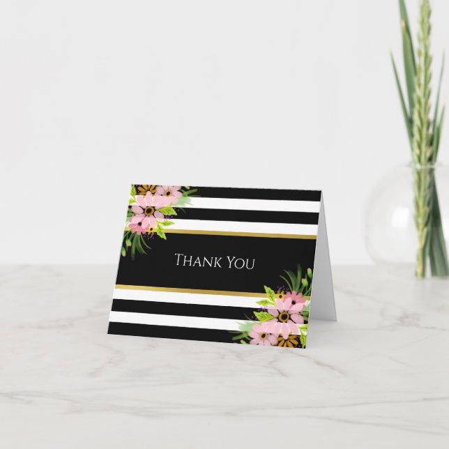 Stylish Striped Pink Floral & Gold | Custom  Thank You Card (Front)