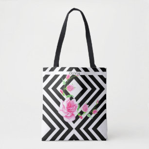 Stylish Striped Pink Rose Tote Bag