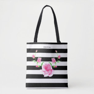 Stylish Striped Pink Rose Tote Bag