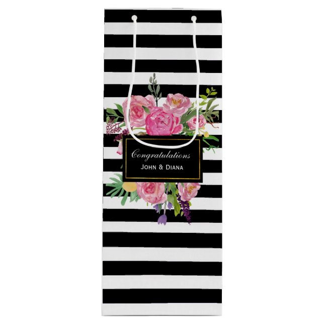 Stylish Stripes and Flowers Wine Gift Bag (Front)
