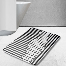 Stylish Stripes Irregular Tiles Black & White Bath Mat