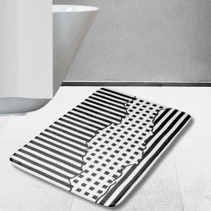 Stylish Stripes Irregular Tiles Black & White Bath Mat