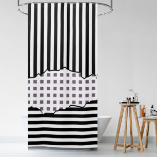 Stylish Stripes Tiles Black White Purple Layers Shower Curtain