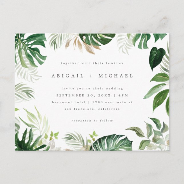 Stylish Summer Watercolor Tropical Foliage Wedding Invitation Postcard (Front)