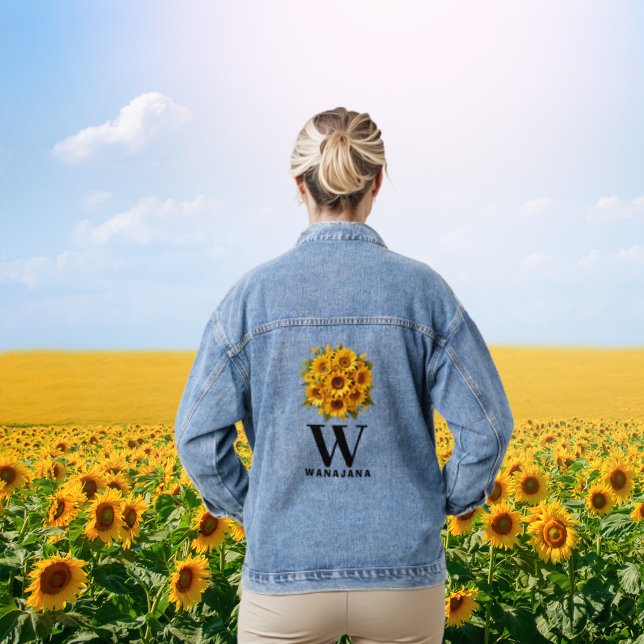 Stylish Sunflower Black Monogram Women's Custom Denim Jacket (Creator Uploaded)