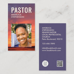 Stylish Sunset Logo QR Code Photo PASTOR Business Card
