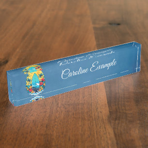 Stylish surfboard with lush tropical flowers.  nameplate