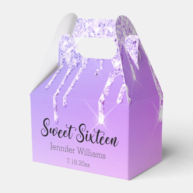 stylish sweet 16 purple silver dripping glitters   favour box (Front Side)
