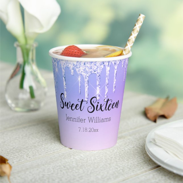 stylish sweet 16 purple silver dripping glitters   paper cups (Insitu)