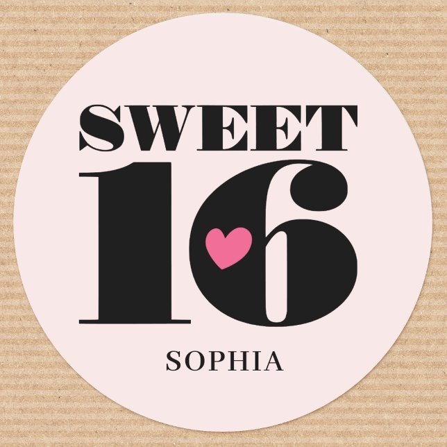 Stylish Sweet Sixteen Birthday Custom Name Pink Classic Round Sticker (Creator Uploaded)