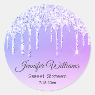 stylish sweet sixteen purple dripping glitters classic round sticker