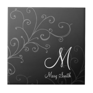 Stylish Swirl Custom Monogram Black Tile