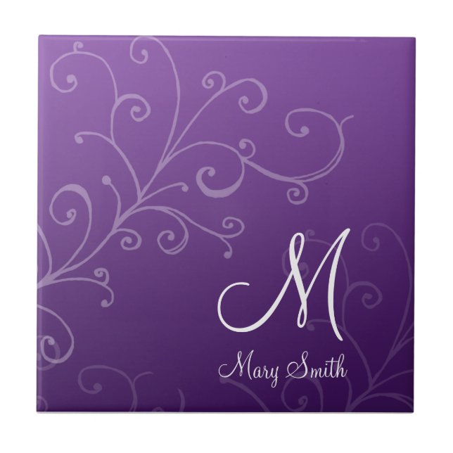 Stylish Swirl Custom Monogram Purple Tile (Front)