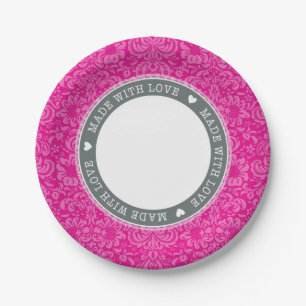 STYLISH TABLE damask made with love grey pink Paper Plate
