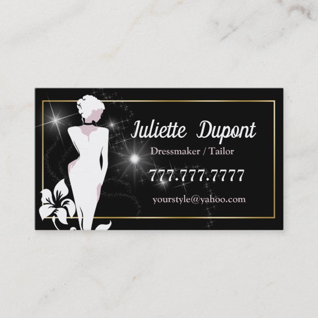 Stylish Tailor Dressmaker black Business Card (Front)