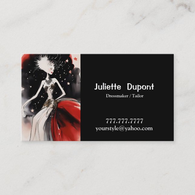 Stylish Tailor Dressmaker black Business Card (Front)