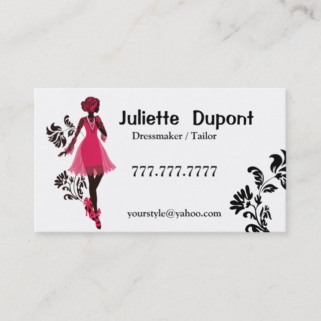 Stylish Tailor Dressmaker white Business Card (Front)