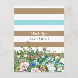 Stylish Tan and Aqua Floral and Stripes Thank You Postcard