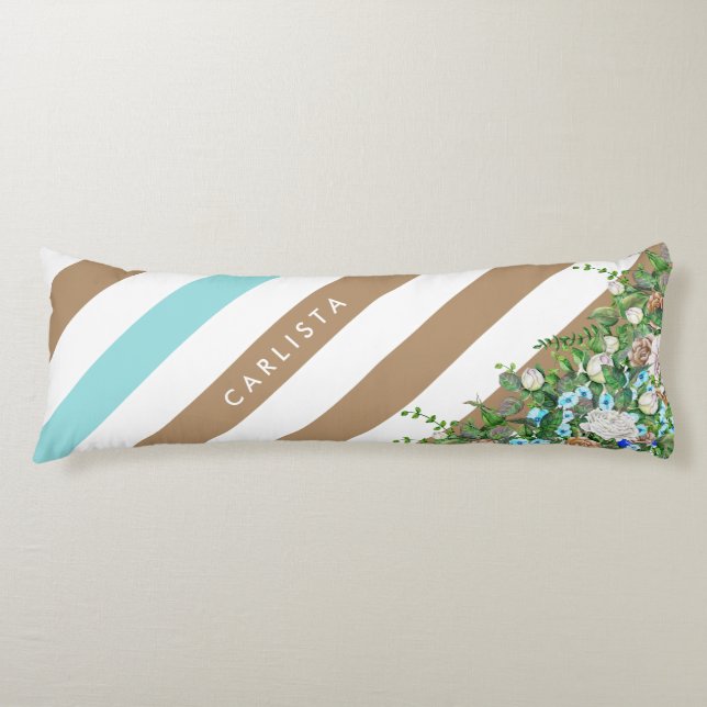 Stylish Tan and Aqua Floral and Stripes With Name Body Cushion (Front)