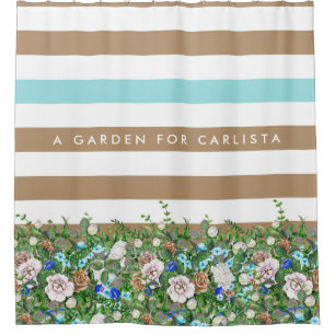 Stylish Tan and Aqua Flowers and Stripes With Name Shower Curtain