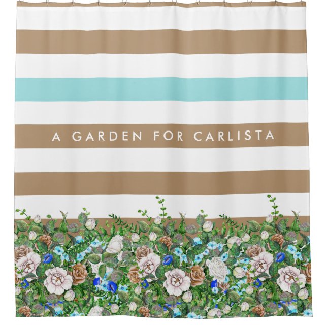 Stylish Tan and Aqua Flowers and Stripes With Name Shower Curtain (Front)