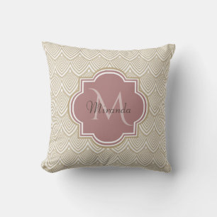 Stylish Tan Arched Scallops Mauve Monogram Name Cushion
