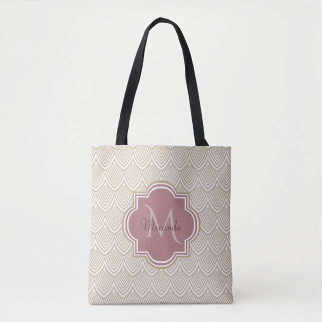 Stylish Tan Arched Scallops Mauve Monogram Name Tote Bag (Front)