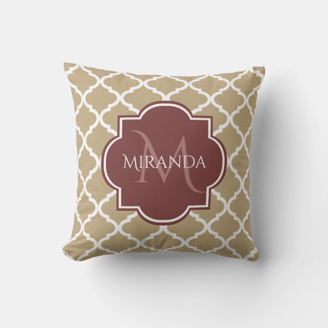 Stylish Tan Quatrefoil Burgundy Monogram and Name Cushion (Front)