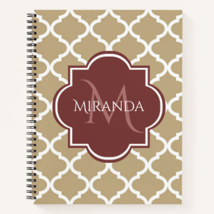 Stylish Tan Quatrefoil Burgundy Monogram and Name Notebook