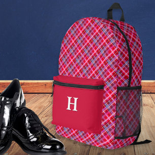 Stylish Tartan Plaid Pattern Monogrammed Red Printed Backpack