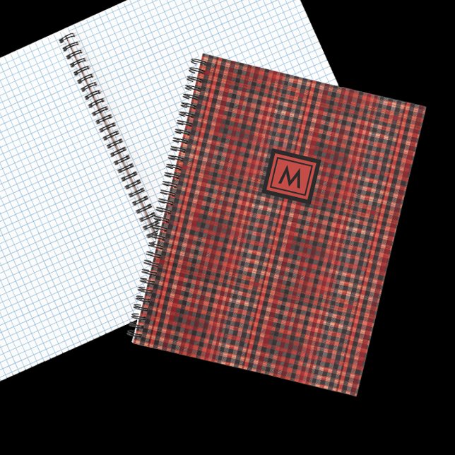 Stylish Tartan Red And Black Tan Plaid  Monogram Notebook (Creator Uploaded)